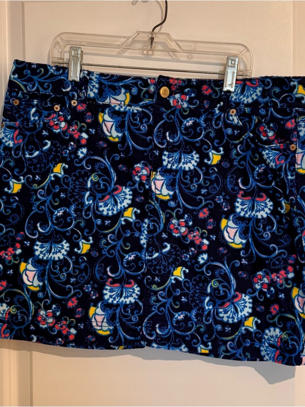 Lilly Pulitzer Navy Blue Floral Corduroy Skirt Size 10 Spring Summer Boho Vibes